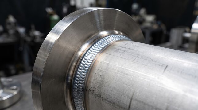 A close-up view of a metal pipe with a detailed weld. The scene is set in a workshop where tools are visible in the background. It is a busy workday environment