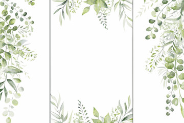 Watercolor eucalyptus leaf arrangements frame three vertical banner templates with white backgrounds arrangement © Asadul