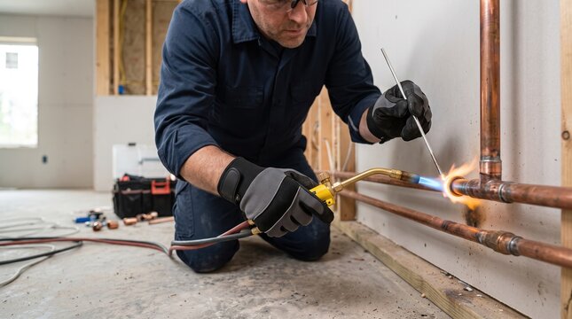 A person kneels on the floor in a building site and works on plumbing. The worker uses a torch to heat copper pipes for joining them. Tools and materials are visible nearby