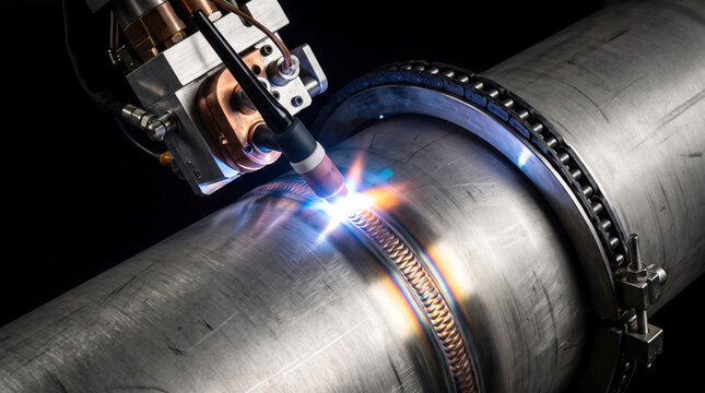 A welding machine applies heat to join two sections of a metal pipe. The operation occurs in a factory at night, showcasing the sparks and light from the welding
