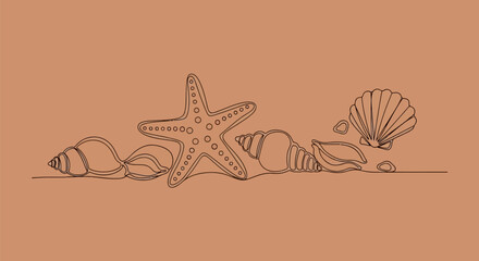 Starfish and various seashells in continuous line art © cintya
