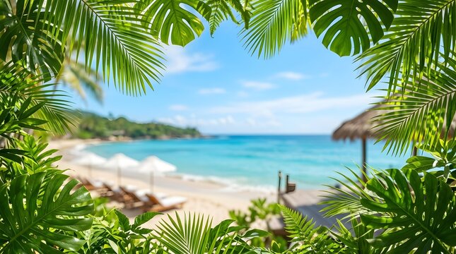 Tropical beach view framed by palm leaves with clear blue ocean and sunny sky.
