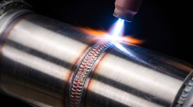 A welder uses a torch to join two metal pieces together. Bright blue and orange flames are visible as the metal heats up in a workshop setting during the evening hours