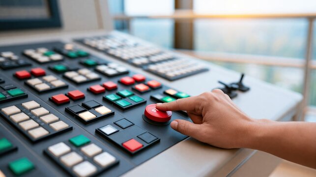 Person hand pushing red start button on control panel console