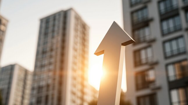 White arrow pointing up in front of modern apartment buildings at sunset