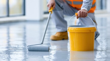 Fototapeta premium Worker applying grey coating to floor with paint roller and yellow bucket