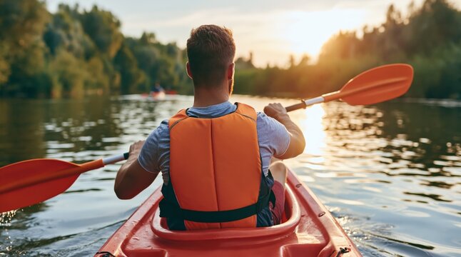 Man kayaking on river at sunset wearing life vest and holding paddle