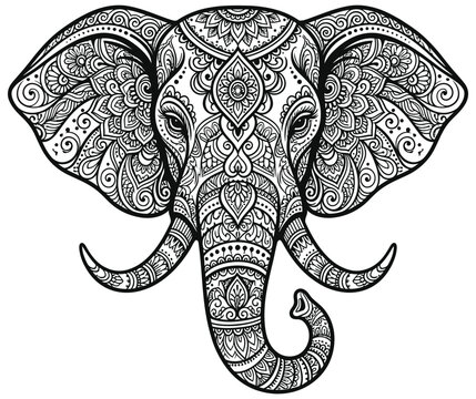Intricately designed elephant head with ornate patterns and swirling shapes in black and white vector illustration