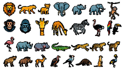 wild animal nature safari zoo jungle wildlife pixel 8-bit retro icon set collection vector illustration graphic design fauna © MdMatiur