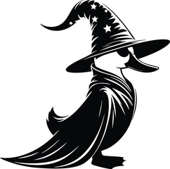 Obraz premium Whimsical duck wizard illustration wearing a starry pointed hat and a flowing magical cloak a charming fantasy creature design