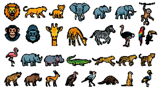 wild animal nature safari zoo jungle wildlife pixel 8-bit retro icon set collection vector illustration graphic design fauna