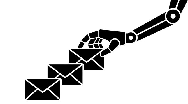 Robotic arm sorting mail envelopes, automated email delivery concept, AI technology icon