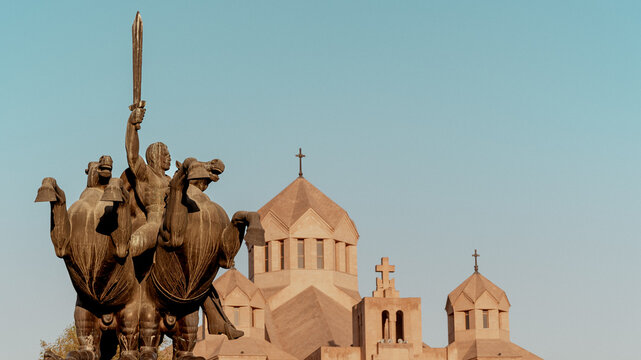 Sasuntsi David Monument with Saint Gregory the Illuminator Cathedral in Yerevan, Armenia