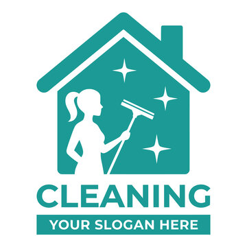 Teal house cleaning logo with woman and squeegee  cleaning services concept icon