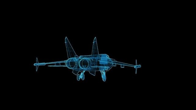 Detailed 3D HUD wireframe attack aircraft with 360-degree rotation, futuristic holographic blueprint for aviation and military visualization.