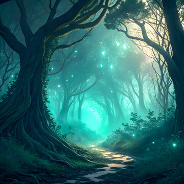 Magical glowing forest trail with ethereal light and shimmering fireflies in misty woods