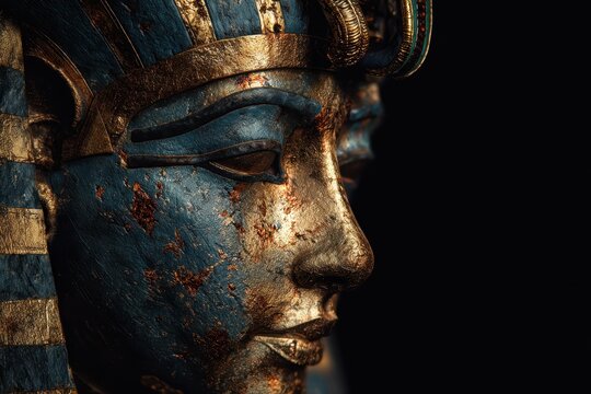 Close-up study of a golden royal funerary mask with lapis lazuli and turquoise inlays