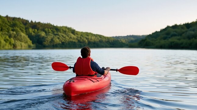 Rear view of man in red life jacket paddling red kayak on calm river among green hills