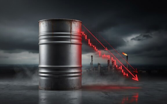 Metallic oil barrel with a falling red line graph representing crude oil price drop and market volatility