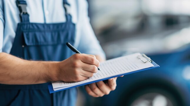 Mechanic in blue overalls writing on clipboard in car repair shop