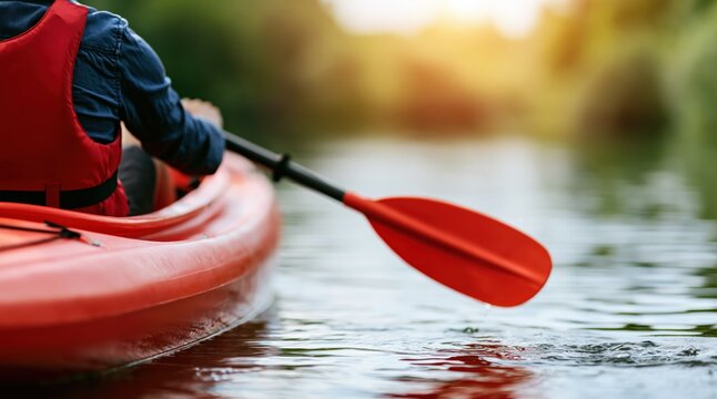 Person in life vest paddling red kayak on calm river during sunset