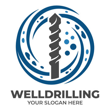 Well drilling logo template with drill bit and blue circular design elements icon