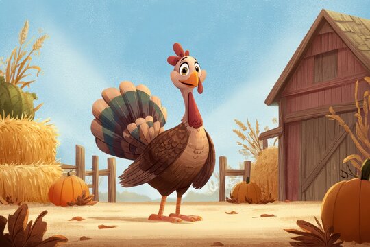 Friendly illustrated turkey mascot in a cozy harvest farmyard