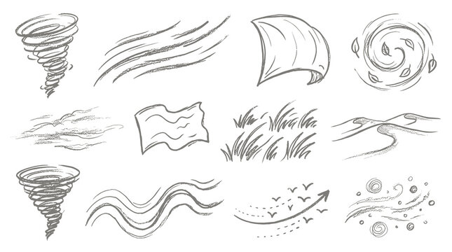 Set of hand drawn weather elements, tornado cyclone and wind flow, swirling breeze and natural movement, sketching style, atmospheric phenomena icons