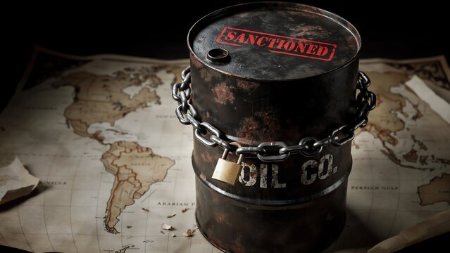 Rusty oil barrel with heavy chain and padlock with sanctioned stamp for energy crisis and political embargo concept