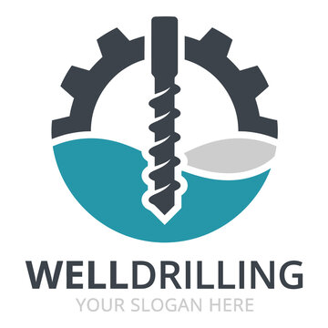 Well drilling logo template with gear and screw icon design icon