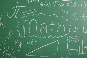Obraz premium Word MATH, drawn formulae and geometric figures on green chalkboard