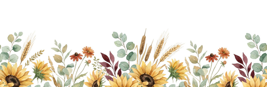 Horizontal border with sunflowers eucalyptus leaves and wheat.