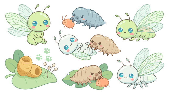 Set of cute insect metamorphosis stages featuring winged creatures and larvae on leaves, collection of nature life cycle transformations for