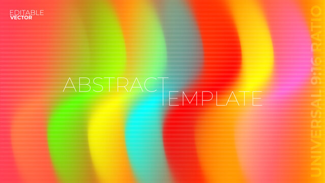 Editable vector 16:9 abstract template with warm red orange background, vertical blurred rainbow waves, and horizontal scanline texture for presentation banner or video backdrop