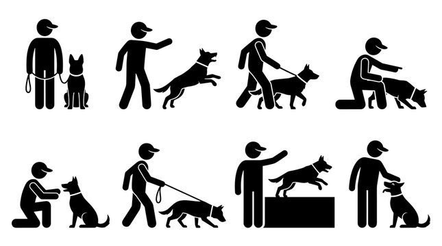 Set of black silhouette icons showing military or police k9 dog training, obedience drills, working animals, security service handler, professional