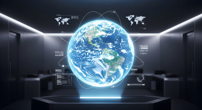 Holographic Earth Globe Projection in a Modern Office Space with Digital Data Interface and Global Connectivity Visualization