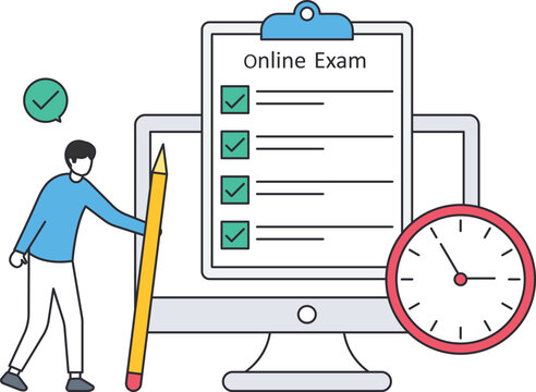 Online exam illustration for elearning and distance learning. Student taking digital test on computer with checklist, pencil, and timer clock for remote education assessment.