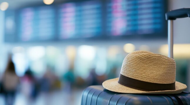 Straw hat on suitcase at airport terminal with blurred flight information board