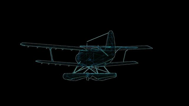 Detailed 3D HUD wireframe attack aircraft with 360-degree rotation, futuristic holographic blueprint for aviation and military visualization.