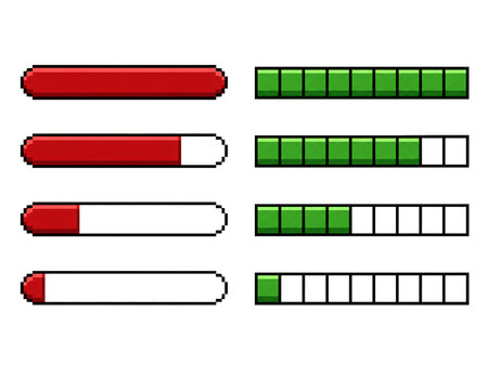 Progress bar pixel art set in red and green for game display.