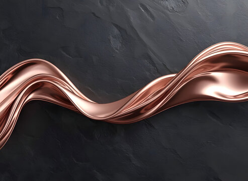 Minimalist 3D render backdrop with flowing liquid rose gold chrome ribbon on dark matte background
