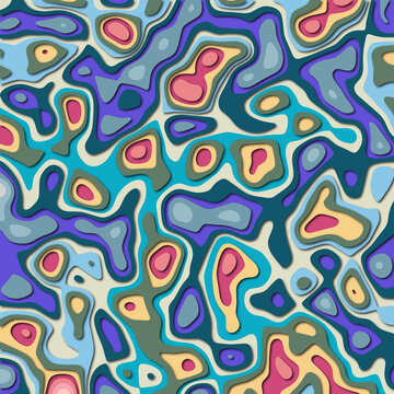 Vibrant Abstract Seamless Pattern with Modern Psychedelic Organic Fluid Shapes Layered Contour Purple Blue Red Green Yellow Design Color. Ideal for Wallpapers, Textiles, Fabric Prints, Wrapping Paper