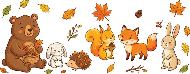 Obraz premium Sweet Autumn Wildlife Banner Set with Bear, Bunnies, Hedgehog, Squirrel, Red Fox, Pinecone, and Scattered Fall Tree Leaves