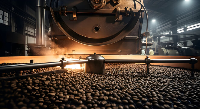 Coffee Roasting Process in Industrial Workshop with Beans and Machinery under Dim Lighting Background