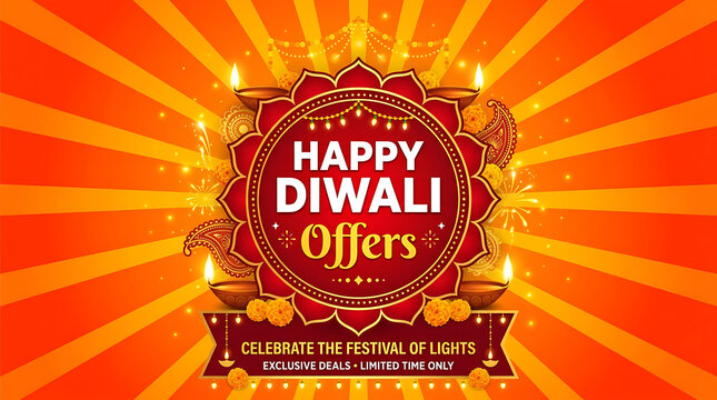 Happy Diwali Offers promotional banner, festive orange sunburst background with oil lamps, traditional Indian festival of lights sale poster