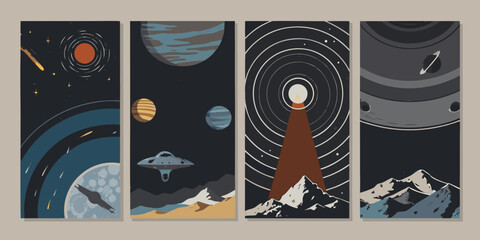 Retro Space Scenery Vector Illustrations Planets Ufos Mountains And Cosmic Elements vintage cosmos © SreeDulal