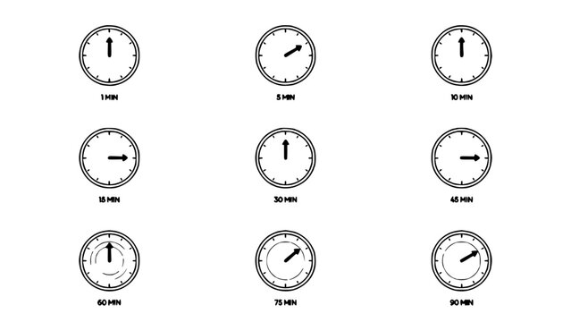 Timers Showing Different Time Intervals in a 3x3 Grid Featuring Timer, Clock, Interval with Minutes and 1 Min Elements for 5 Min