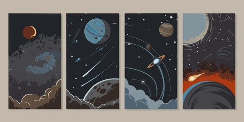 Retro Space Scenery Vector Illustrations Planets Comets And Celestial Bodies In Dark Tones © SreemotiAroti