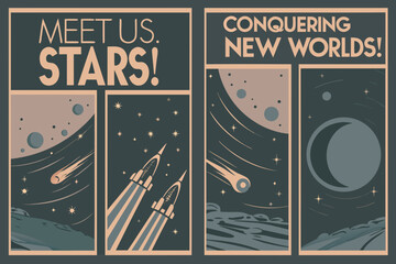 Obraz premium Vintage Space Travel Posters Featuring Rockets Planets And Celestial Bodies In A Retro Style