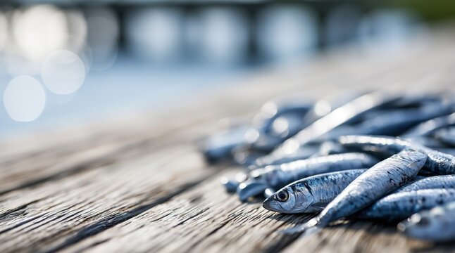 small silvery fish lying on wooden pier